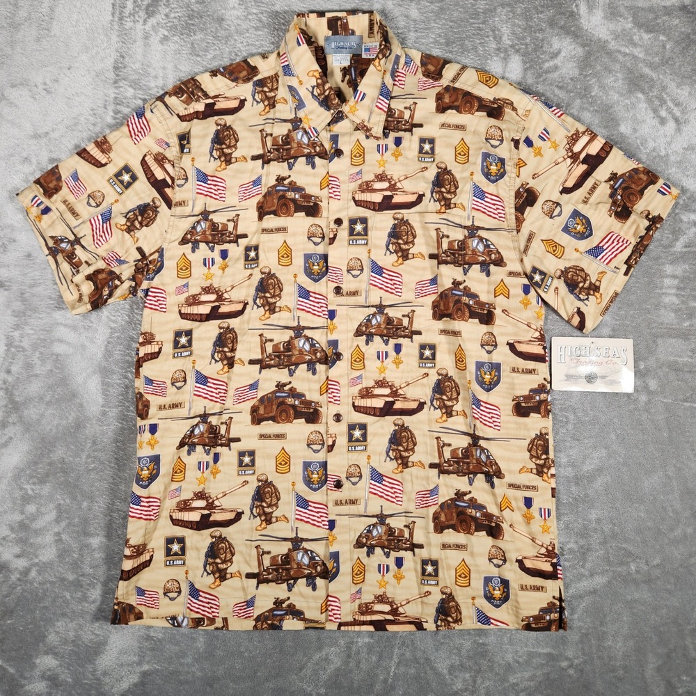 High Seas Trading Co Shirt Mens Large US Army Military Print Tan Button Down NEW